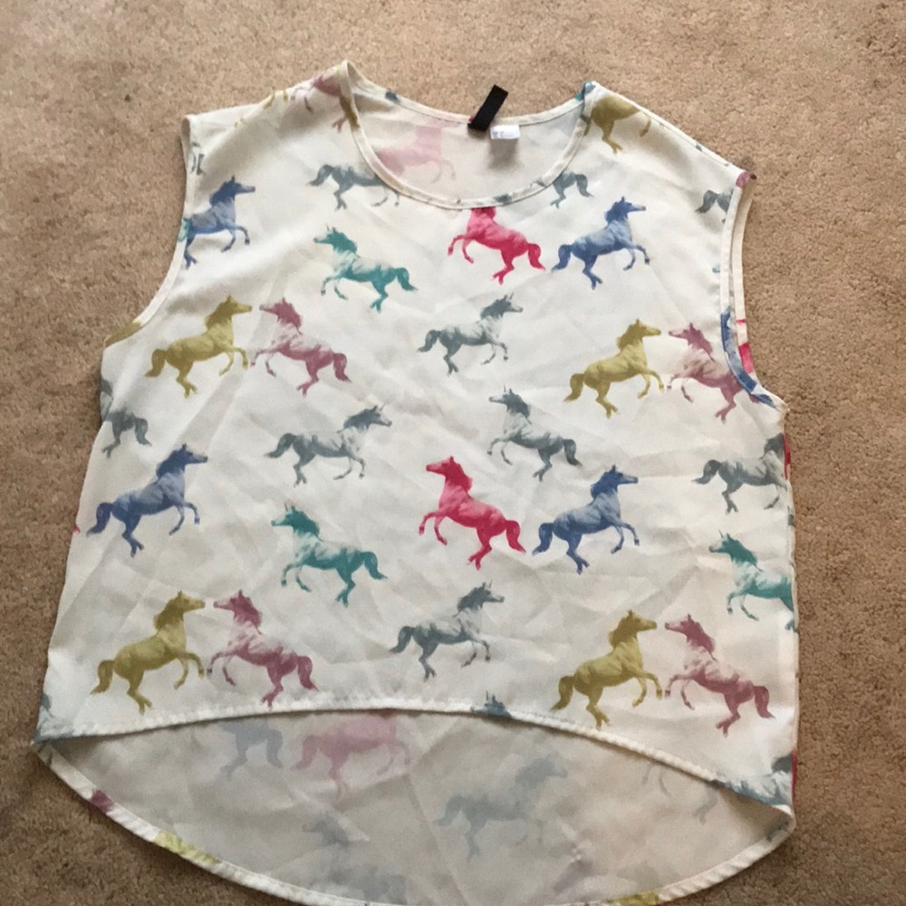 Sheer white top with multi-colored horse design